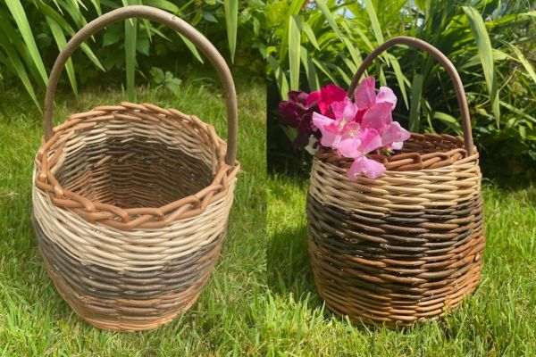 Woven willow basket with sweet peas