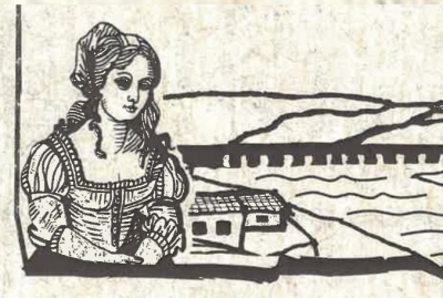 Illustration of 17th century woman standing by Bideford Bridge