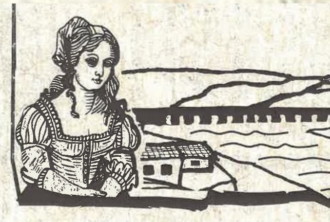 Illustration of 17th century woman standing by Bideford Bridge