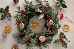 Christmas wreath with fir cones and orange slices