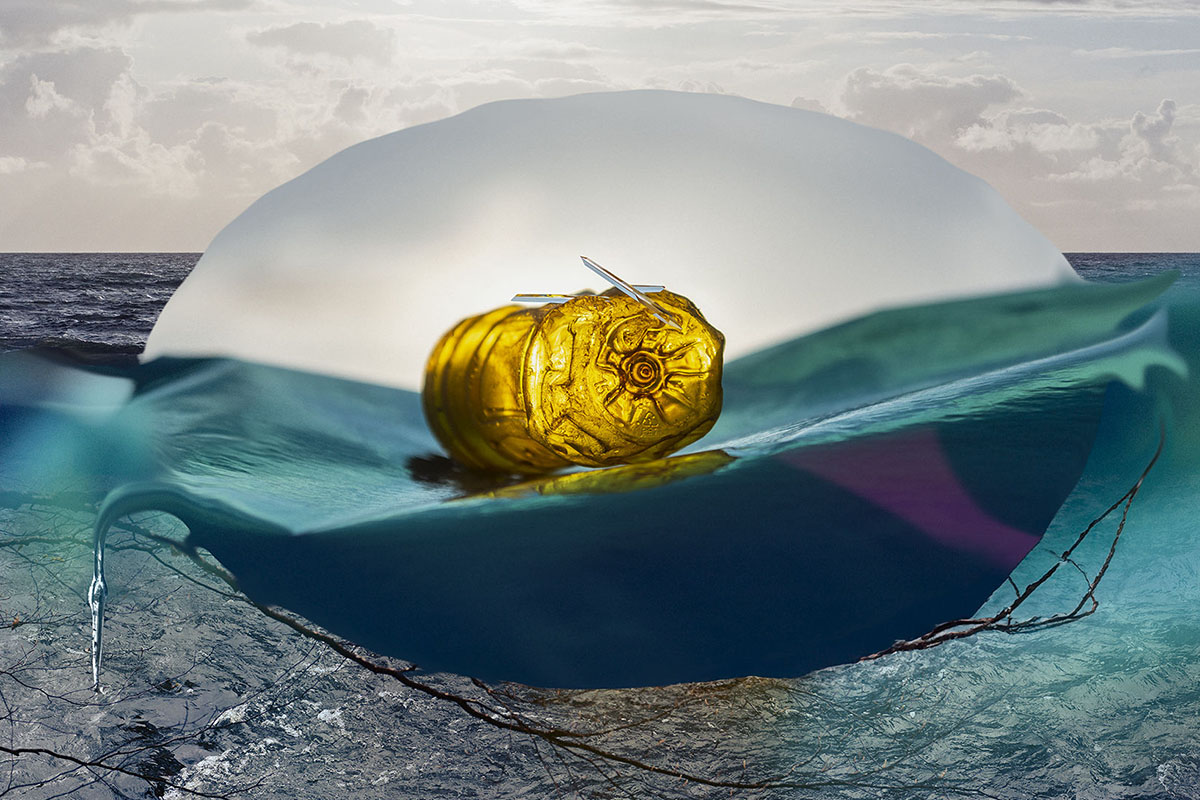 Composite image showing plastic bottle floating in the blue sea