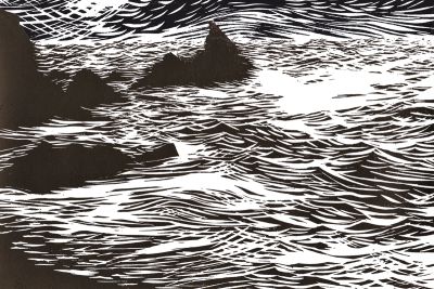 black and white woodcut depicting the sea and rocks