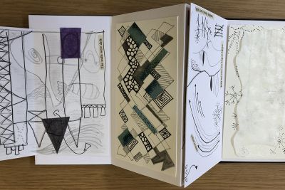 A folded series of sketches and collages