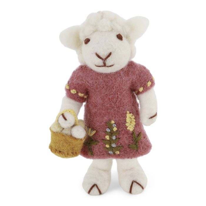 Small White Sheep with Dusty Red Dress and Egg Basket- 11cm tall