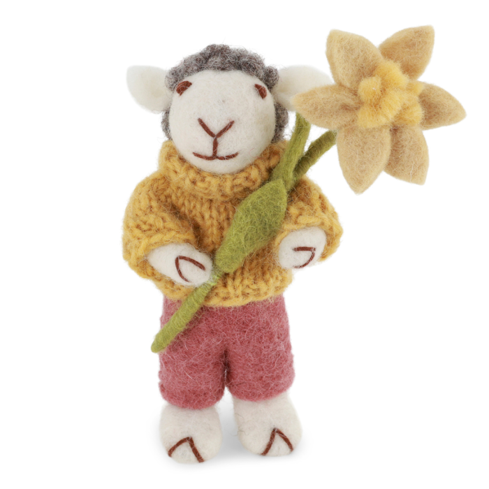 Grey Sheep with Dusty Red Pants and Daffodil