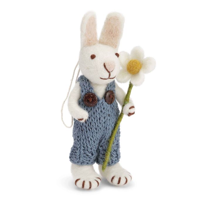 Small White Bunny with Blue Dungarees and Flower- 11cm tall