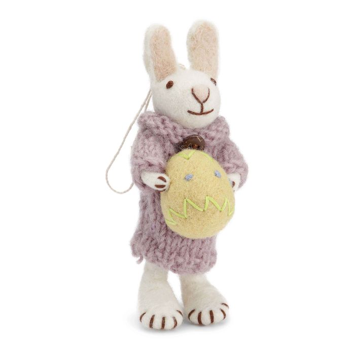 Small White Bunny with Purple Dress and Yellow Egg- 11cm tall