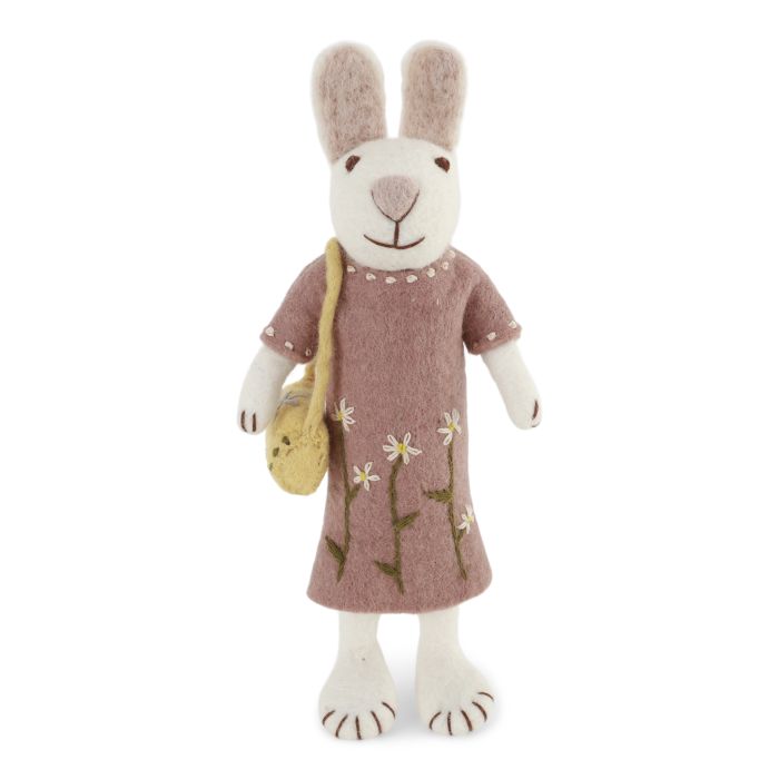 Big White Bunny with Lavender Dress and Purse- 27cm tall