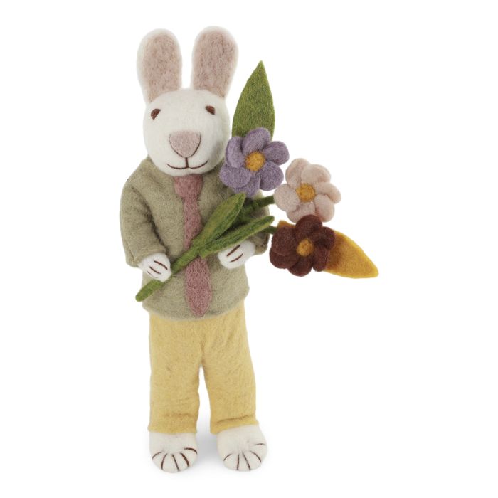 Big White Bunny with Tie & Flowers- 27cm tall