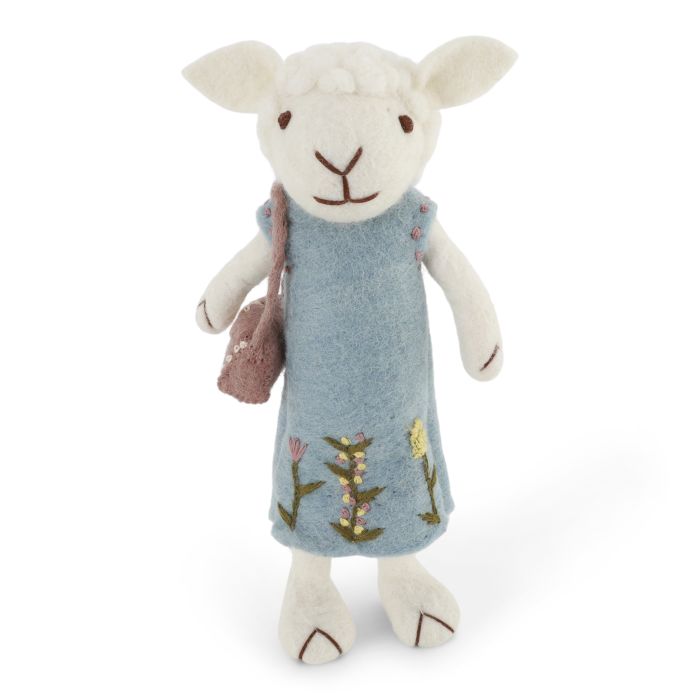 Big White Sheep with Light Blue Dress and Purse- 27cm tall