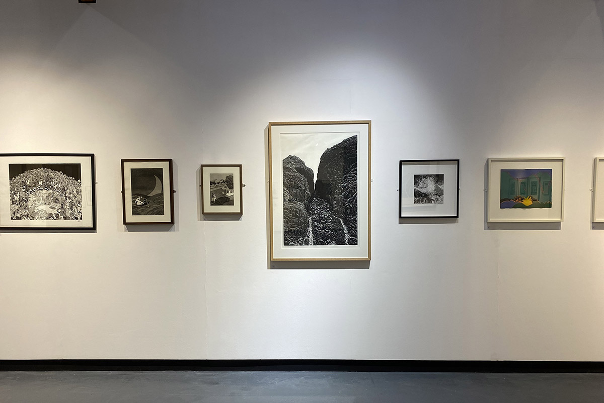 Gallery shot of Other Worlds exhibition with artworks against white wall