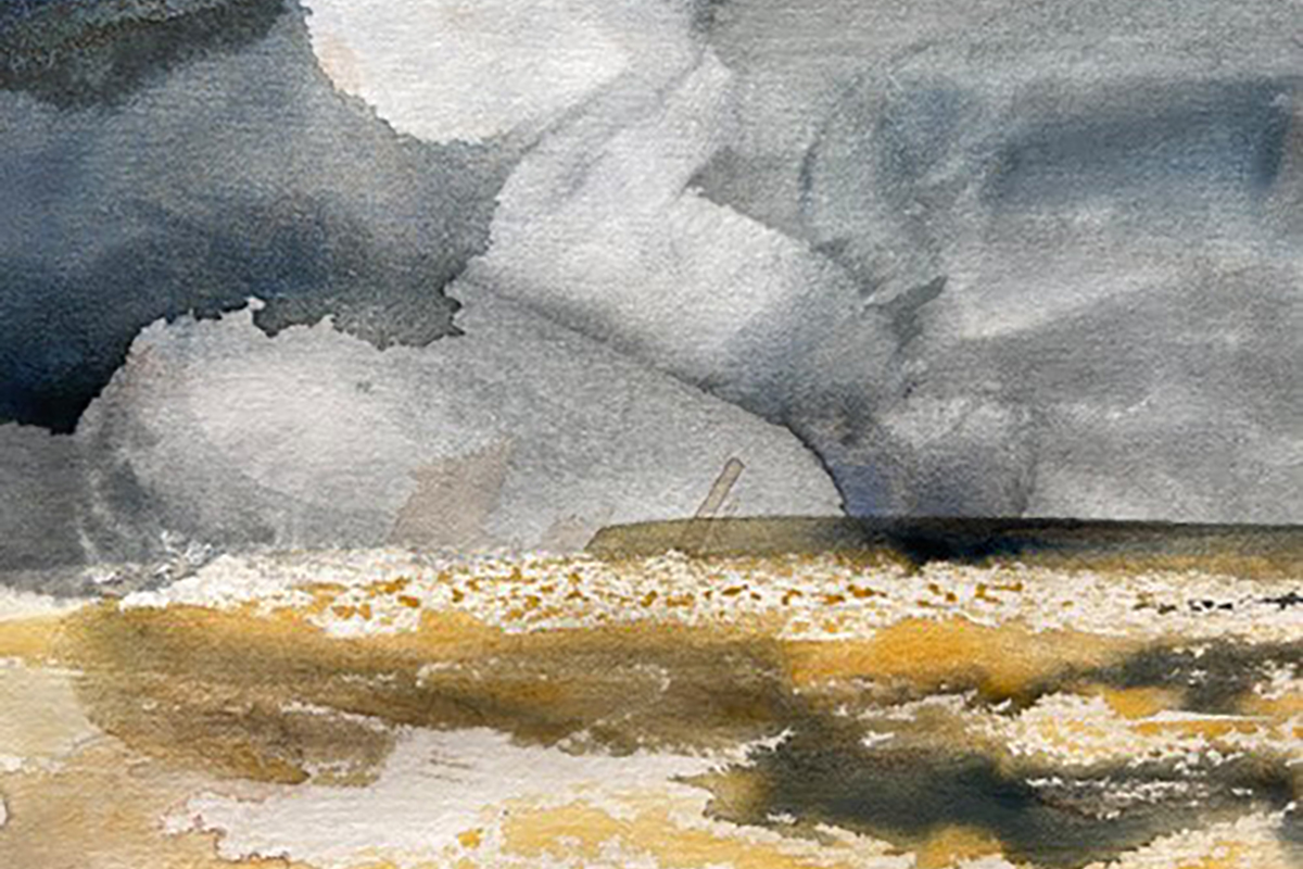 Watercolour painting showing cornfields and a stormy sky