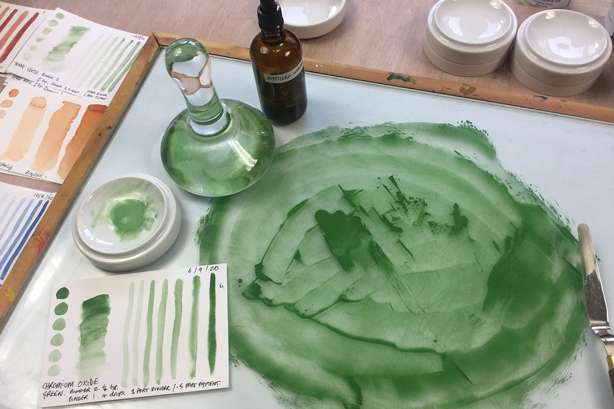 Equipment for watercolour paint making on a tabletop