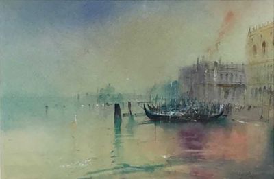 Watercolour painting of gondolas in Venice