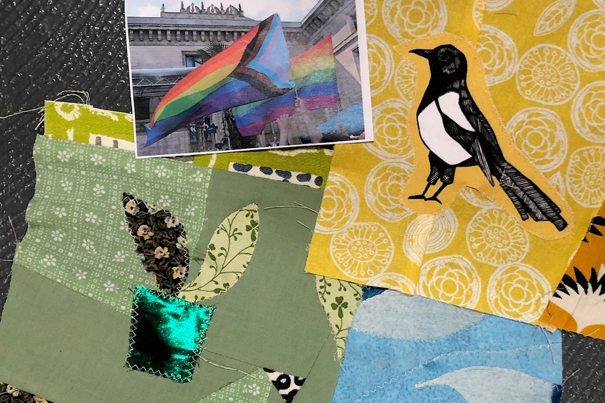 Squares of coloured fabric with image of Pride flag