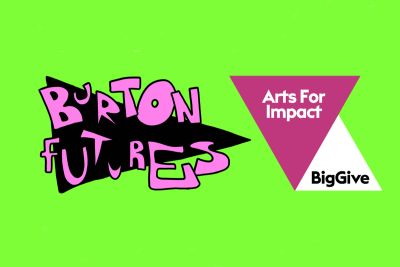 Burton Futures logo on a green background with Arts For Impact and Big Give logos